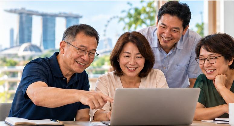 Adult learners working together with a laptop in Singapore